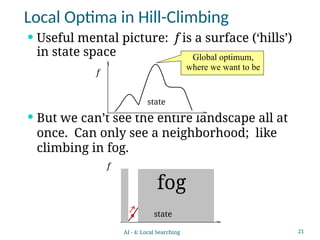 21
 Useful mental picture: f is a surface (‘hills’)
in state space
 But we can’t see the entire landscape all at
once. Can only see a neighborhood; like
climbing in fog.
state
f
Global optimum,
where we want to be
Local Optima in Hill-Climbing
state
f
fog
AI - 4: Local Searching
 