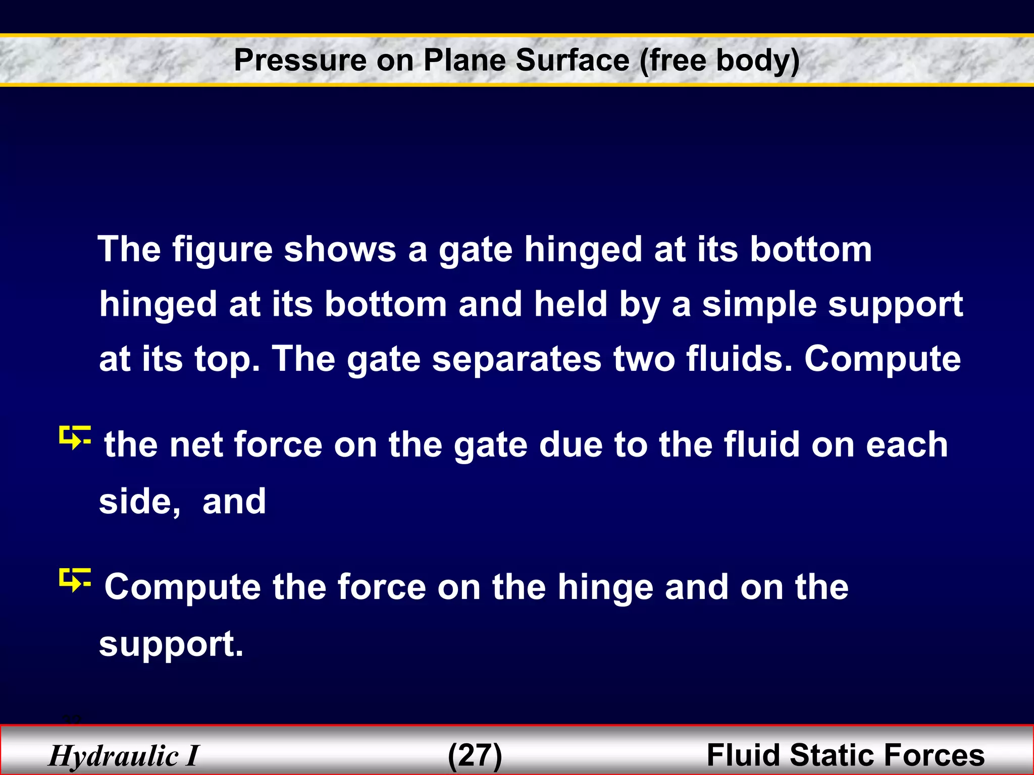 32
Hydraulic I (27) Fluid Static Forces
The figure shows a gate hinged at its bottom
hinged at its bottom and held by a simple support
at its top. The gate separates two fluids. Compute
 the net force on the gate due to the fluid on each
side, and
 Compute the force on the hinge and on the
support.
Pressure on Plane Surface (free body)
 
