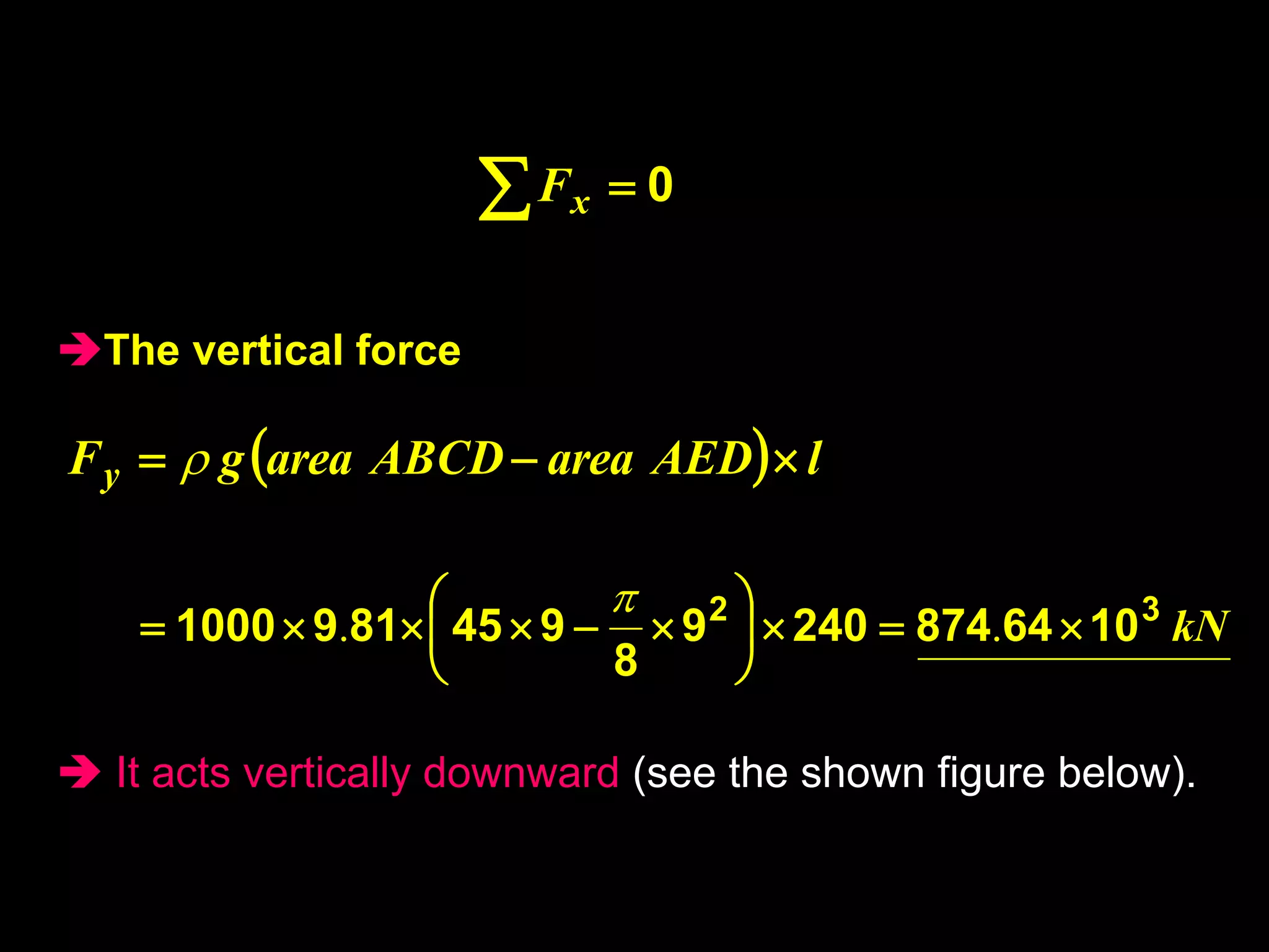 49
The vertical force
 It acts vertically downward (see the shown figure below).
0

 x
F
  l
AED
area
ABCD
area
g
Fy 

 
kN
3
2
10
64
874
240
9
8
9
45
81
9
1000 













 .
.

 
