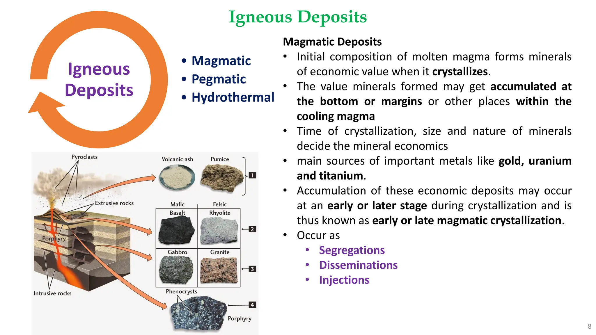 Igneous Deposits
8
• Magmatic
• Pegmatic
• Hydrothermal
Igneous
Deposits
Magmatic Deposits
• Initial composition of molten magma forms minerals
of economic value when it crystallizes.
• The value minerals formed may get accumulated at
the bottom or margins or other places within the
cooling magma
• Time of crystallization, size and nature of minerals
decide the mineral economics
• main sources of important metals like gold, uranium
and titanium.
• Accumulation of these economic deposits may occur
at an early or later stage during crystallization and is
thus known as early or late magmatic crystallization.
• Occur as
• Segregations
• Disseminations
• Injections
 