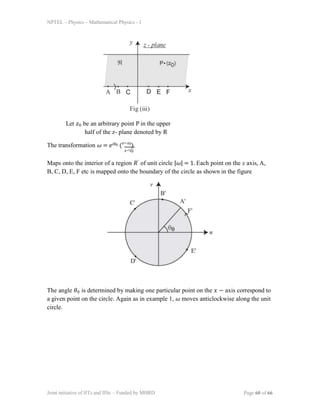 NPTEL – Physics – Mathematical Physics - 1
Let 𝑧0 be an arbitrary point P in the upper
half of the z- plane denoted by R
The transformation 𝜔 = 𝑒𝑖θ0 (𝑧−𝑧0
)
𝑧−̅𝑧̅0̅
Maps onto the interior of a region 𝑅′ of unit circle |𝜔| = 1. Each point on the x axis, A,
B, C, D, E, F etc is mapped onto the boundary of the circle as shown in the figure
The angle 𝜃0 is determined by making one particular point on the 𝑥 − axis correspond to
a given point on the circle. Again as in example 1, 𝜔 moves anticlockwise along the unit
circle.
Joint initiative of IITs and IISc – Funded by MHRD Page 60 of 66
 