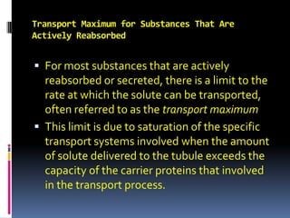 Transport Maximum for Substances That Are Actively Reabsorbed For most substances that are actively reabsorbed or secreted, there is a limit to the rate at which the solute can be transported, often referred to as the transport maximum This limit is due to saturation of the specific transport systems involved when the amount of solute delivered to the tubule exceeds the capacity of the carrier proteins that involved in the transport process. 