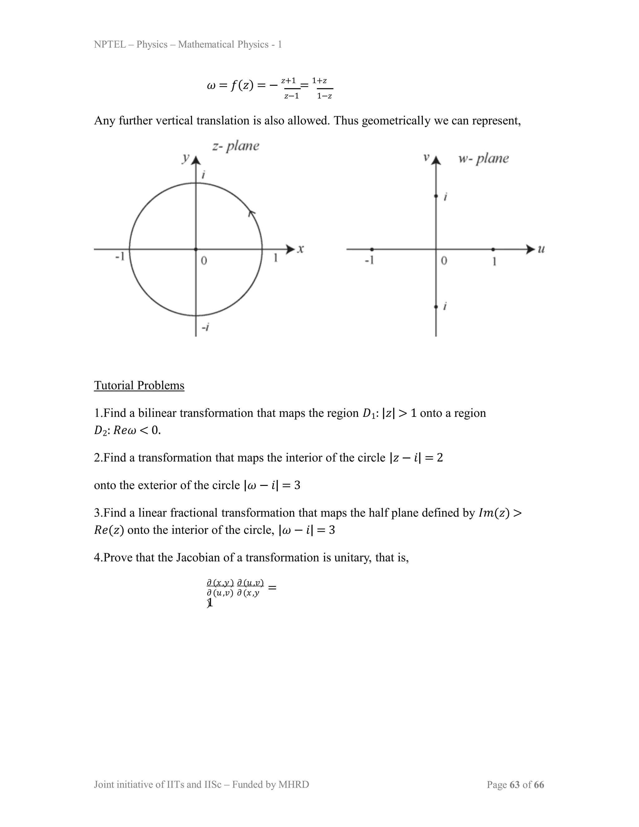 NPTEL – Physics – Mathematical Physics - 1
𝜔 = 𝑓(𝑧) = − 𝑧+1
= 1+𝑧
𝑧−1 1−𝑧
Any further vertical translation is also allowed. Thus geometrically we can represent,
Tutorial Problems
1.Find a bilinear transformation that maps the region 𝐷1: |𝑧| > 1 onto a region
𝐷2: 𝑅𝑒𝜔 < 0.
2.Find a transformation that maps the interior of the circle |𝑧 − 𝑖| = 2
onto the exterior of the circle |𝜔 − 𝑖| = 3
3.Find a linear fractional transformation that maps the half plane defined by 𝐼𝑚(𝑧) >
𝑅𝑒(𝑧) onto the interior of the circle, |𝜔 − 𝑖| = 3
4.Prove that the Jacobian of a transformation is unitary, that is,
𝜕(𝑥,𝑦) 𝜕(𝑢,𝑣)
=
1
𝜕(𝑢,𝑣) 𝜕(𝑥,𝑦
)
Joint initiative of IITs and IISc – Funded by MHRD Page 63 of 66
 