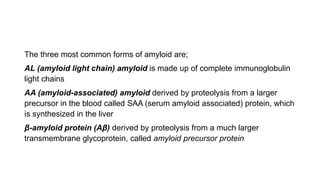 The three most common forms of amyloid are;
AL (amyloid light chain) amyloid is made up of complete immunoglobulin
light chains
AA (amyloid-associated) amyloid derived by proteolysis from a larger
precursor in the blood called SAA (serum amyloid associated) protein, which
is synthesized in the liver
β-amyloid protein (Aβ) derived by proteolysis from a much larger
transmembrane glycoprotein, called amyloid precursor protein
 