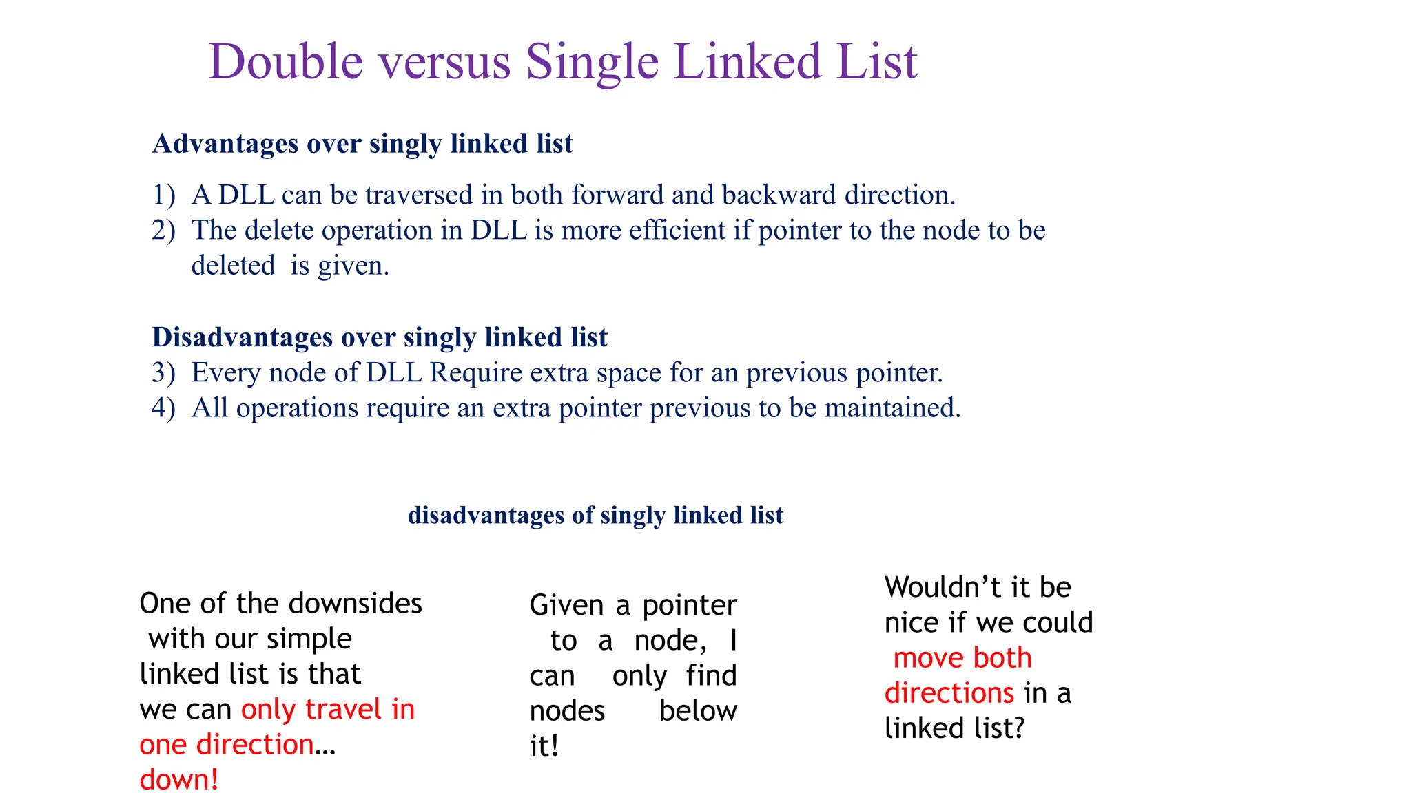 Double versus Single Linked List
Advantages over singly linked list
1) A DLL can be traversed in both forward and backward direction.
2) The delete operation in DLL is more efficient if pointer to the node to be
deleted is given.
Disadvantages over singly linked list
3) Every node of DLL Require extra space for an previous pointer.
4) All operations require an extra pointer previous to be maintained.
disadvantages of singly linked list
One of the downsides
with our simple
linked list is that
we can only travel in
one direction…
down!
Given a pointer
to a node, I
can only find
nodes below
it!
Wouldn’t it be
nice if we could
move both
directions in a
linked list?
 