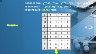 13
Кодлох
Квантлалын утгыг тоон утга руу хөрвүүлэхдээ
квантлалын түвшинд харгалзах хоёртын код
хэрэглэхийг кодлох гэнэ.
 