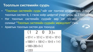• "Тооллын системийн суурь"-ийг нэг тоогоор илэрхийлнэ. 2-тын
тооллын систем 0, 1 гэсэн хоёр цифртэй учир суурь нь 2 байна.
• Нэг тооллын системийн суурийг өөр нэг т/с-ийн сууриар
солихыг “Тооллын системийн суурийн хөрвүүлэлт” гэнэ.
• Аравтын тооллын систем дэх тоонууд:
Тооллын системийн суурь
21
 