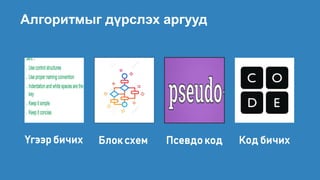Алгоритмыг дүрслэх аргууд
Үгэн
Псевдо кодБлок схемҮгээр бичих Код бичих
 