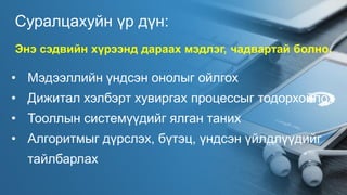 Суралцахуйн үр дүн:
• Мэдээллийн үндсэн онолыг ойлгох
• Дижитал хэлбэрт хувиргах процессыг тодорхойлох
• Тооллын системүүдийг ялган таних
• Алгоритмыг дүрслэх, бүтэц, үндсэн үйлдлүүдийг
тайлбарлах
Энэ сэдвийн хүрээнд дараах мэдлэг, чадвартай болно.
 