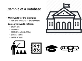 Example of a Database
• Mini-world for the example:
• Part of a UNIVERSITY environment
• Some mini-world entities:
• STUDENTs
• COURSEs
• SECTIONs (of COURSEs)
• DEPARTMENTs
• INSTRUCTORs
 
