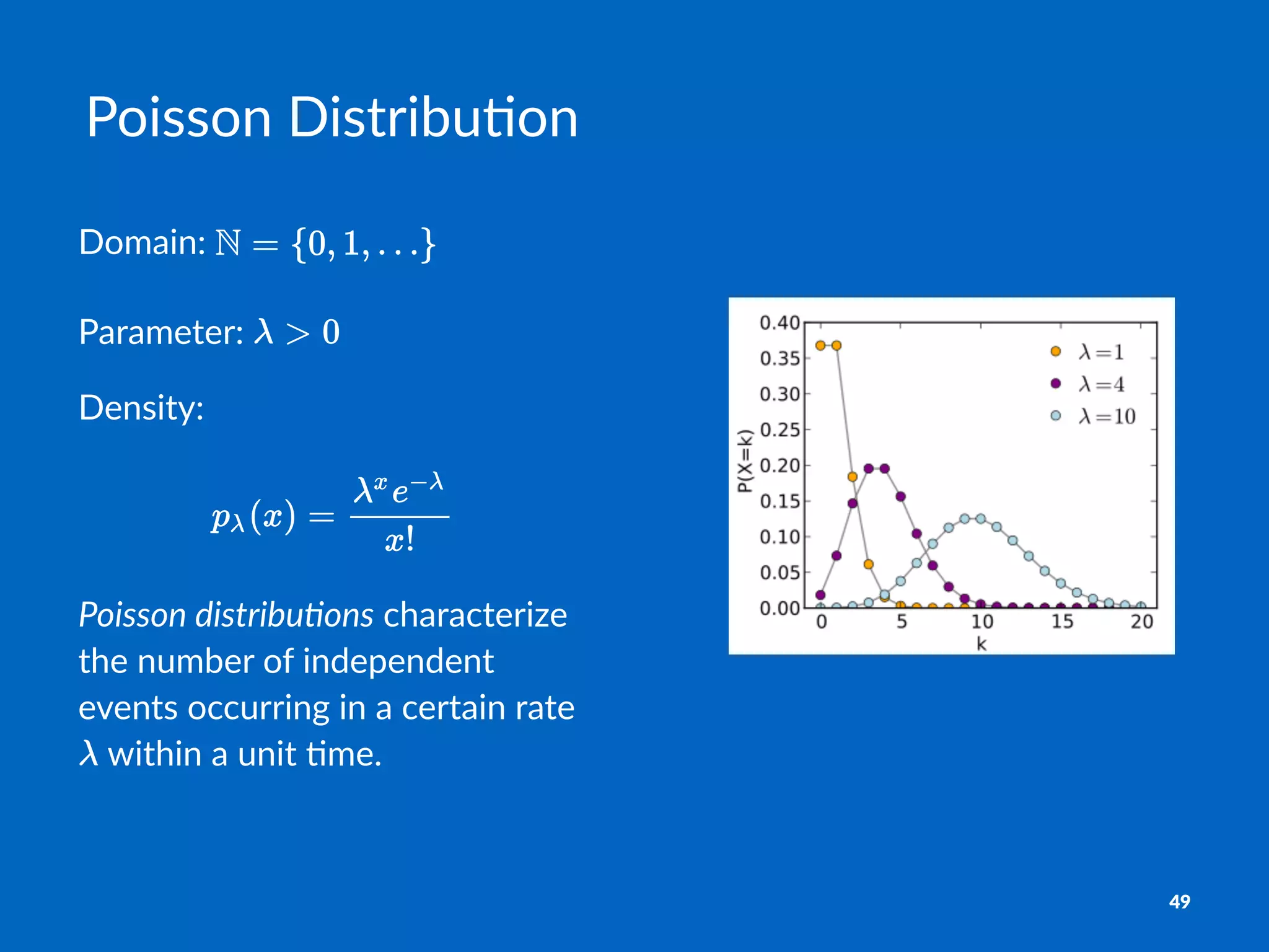 Poisson&Distribu,on
Domain:(
Parameter:(
Density:
Poisson&distribu,ons!characterize!
the!number!of!independent!
events!occurring!in!a!certain!rate!
!within!a!unit!6me.
49
 