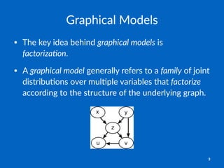 Graphical)Models
• The%key%idea%behind%graphical)models%is%
factoriza2on.
• A%graphical)model%generally%refers%to%a%family...
