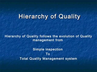 Hierarchy of QualityHierarchy of Quality
Hierarchy of Quality follows the evolution of Quality
management from
Simple inspection
To
Total Quality Management system
 