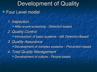 Development of QualityDevelopment of Quality
 Four Level modelFour Level model
1. Inspection1. Inspection
 After-event-screening -After-event-screening - DetectionDetection basedbased
2. Quality Control2. Quality Control
 Introduction of basic systems - stillIntroduction of basic systems - still DetectionDetection BasedBased
3. Quality Assurance3. Quality Assurance
 Development of complex systems -Development of complex systems - PreventionPrevention basedbased
4. Total Quality Management4. Total Quality Management
 Development of culture -Development of culture - PeoplePeople basedbased
 