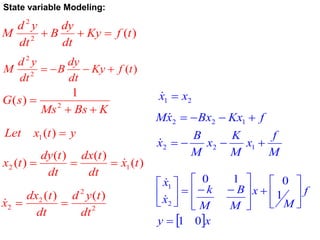)
(
2
2
t
f
Ky
dt
dy
B
dt
y
d
M 


)
(
2
2
t
f
Ky
dt
dy
B
dt
y
d
M 



K
Bs
Ms
s
G


 2
1
)
(
y
t
x
Let 
)
(
1
)
(
)
(
)
(
)
( 1
2 t
x
dt
t
dx
dt
t
dy
t
x 



2
2
2
2
)
(
)
(
dt
t
y
d
dt
t
dx
x 


2
1 x
x 

f
Kx
Bx
x
M 


 1
2
2

M
f
x
M
K
x
M
B
x 


 1
2
2

 x
y
f
M
x
M
B
M
k
x
x
0
1
1
0
1
0
2
1





























State variable Modeling:
 