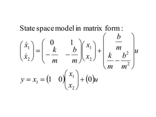    u
x
x
x
y
u
m
b
m
k
m
b
x
x
m
b
m
k
x
x
0
0
1
1
0
:
form
matrix
in
model
space
State
2
1
1
2
2
2
1
2
1






















































 