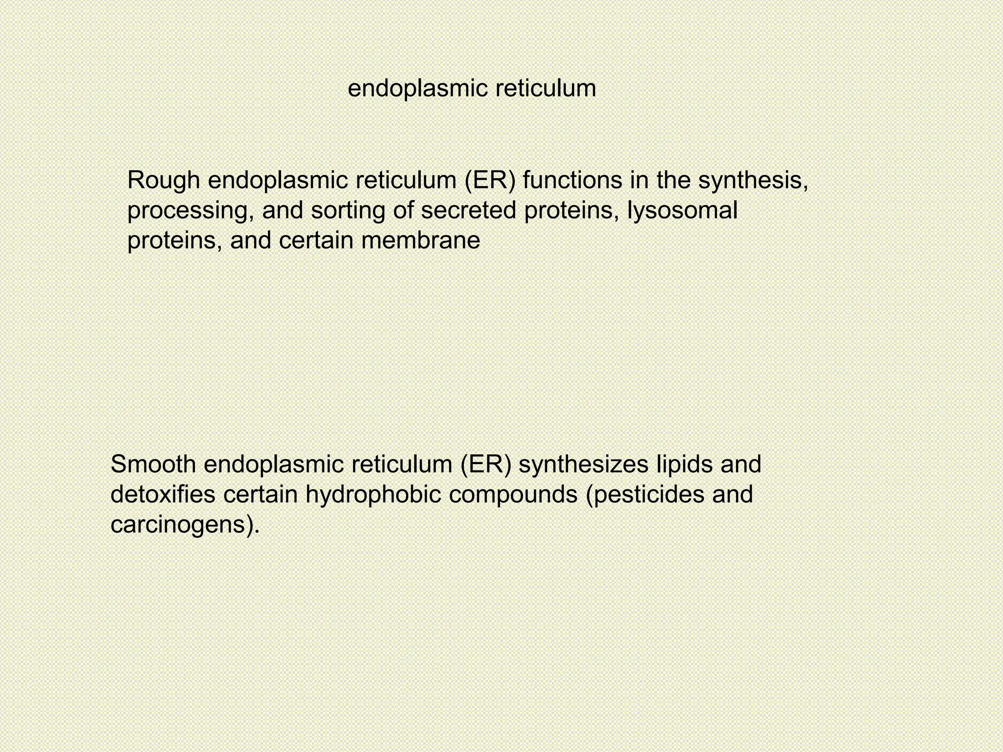 Rough endoplasmic reticulum (ER) functions in the synthesis,
processing, and sorting of secreted proteins, lysosomal
proteins, and certain membrane
endoplasmic reticulum
Smooth endoplasmic reticulum (ER) synthesizes lipids and
detoxifies certain hydrophobic compounds (pesticides and
carcinogens).
 