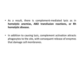 • As a result, there is complement-mediated lysis as in
hemolytic anemias, ABO transfusion reactions, or Rh
hemolytic disease.
• In addition to causing lysis, complement activation attracts
phagocytes to the site, with consequent release of enzymes
that damage cell membranes.
 