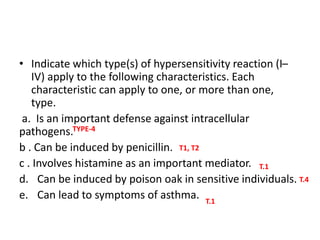 • Indicate which type(s) of hypersensitivity reaction (I–
IV) apply to the following characteristics. Each
characteristic can apply to one, or more than one,
type.
a. Is an important defense against intracellular
pathogens.
b . Can be induced by penicillin.
c . Involves histamine as an important mediator.
d. Can be induced by poison oak in sensitive individuals.
e. Can lead to symptoms of asthma.
TYPE-4
T1, T2
T.1
T.1
T.4
 