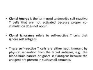 • Clonal Anergy is the term used to describe self-reactive
T cells that are not activated because proper co-
stimulation does not occur.
• Clonal ignorance refers to self-reactive T cells that
ignore self antigens.
• These self-reactive T cells are either kept ignorant by
physical separation from the target antigens, e.g., the
blood-brain barrier, or ignore self antigens because the
antigens are present in such small amounts.
 