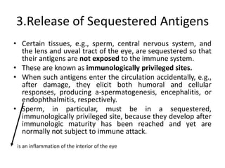 3.Release of Sequestered Antigens
• Certain tissues, e.g., sperm, central nervous system, and
the lens and uveal tract of the eye, are sequestered so that
their antigens are not exposed to the immune system.
• These are known as immunologically privileged sites.
• When such antigens enter the circulation accidentally, e.g.,
after damage, they elicit both humoral and cellular
responses, producing a-spermatogenesis, encephalitis, or
endophthalmitis, respectively.
• Sperm, in particular, must be in a sequestered,
immunologically privileged site, because they develop after
immunologic maturity has been reached and yet are
normally not subject to immune attack.
is an inflammation of the interior of the eye
 