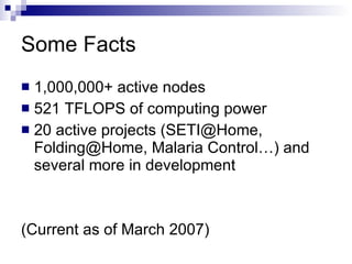 Some Facts 1,000,000+ active nodes 521 TFLOPS of computing power 20 active projects (SETI@Home, Folding@Home, Malaria Control…) and several more in development (Current as of March 2007) 