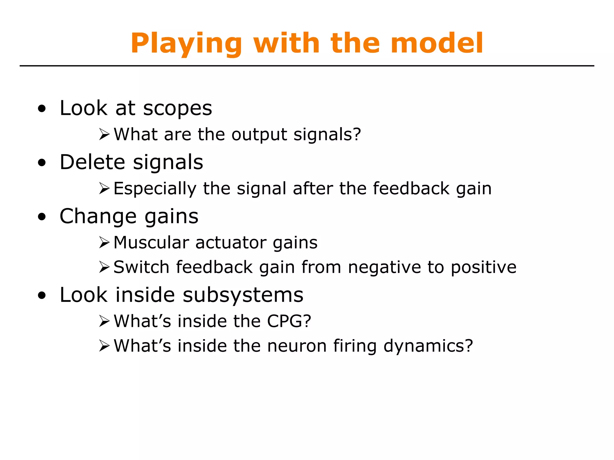 Playing with the model

• Look at scopes
       What are the output signals?
• Delete signals
       Especially the signal after the feedback gain
• Change gains
       Muscular actuator gains
       Switch feedback gain from negative to positive
• Look inside subsystems
       What’s inside the CPG?
       What’s inside the neuron firing dynamics?
 