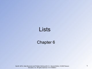Lists Chapter 6 Nyhoff, ADTs, Data Structures and Problem Solving with C++, Second Edition, © 2005 Pearson Education, Inc. All rights reserved. 0-13-140909-3  