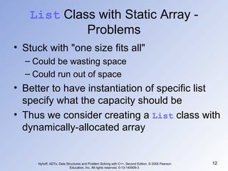 List  Class with Static Array - Problems Stuck with "one size fits all" Could be wasting space Could run out of space Better to have instantiation of specific list specify what the capacity should be Thus we consider creating a  List  class with dynamically-allocated array Nyhoff, ADTs, Data Structures and Problem Solving with C++, Second Edition, © 2005 Pearson Education, Inc. All rights reserved. 0-13-140909-3  