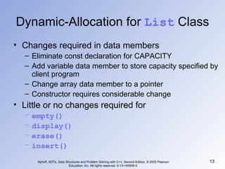 Dynamic-Allocation for  List  Class Changes required in data members Eliminate const declaration for CAPACITY Add variable data member to store capacity specified by client program Change array data member to a pointer Constructor requires considerable change Little or no changes required for  empty() display() erase() insert() Nyhoff, ADTs, Data Structures and Problem Solving with C++, Second Edition, © 2005 Pearson Education, Inc. All rights reserved. 0-13-140909-3  