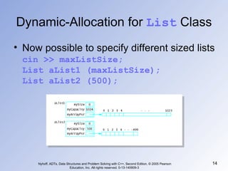 Dynamic-Allocation for  List  Class Now possible to specify different sized lists cin >> maxListSize; List aList1 (maxListSize); List aList2 (500); Nyhoff, ADTs, Data Structures and Problem Solving with C++, Second Edition, © 2005 Pearson Education, Inc. All rights reserved. 0-13-140909-3  