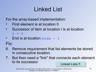 Linked List For the array-based implementation: First element is at location 0 Successor of item at location i is at location  i + 1 End is at location  size – 1 Fix: Remove requirement that list elements be stored in consecutive location. But then need a "link" that connects each element to its successor Nyhoff, ADTs, Data Structures and Problem Solving with C++, Second Edition, © 2005 Pearson Education, Inc. All rights reserved. 0-13-140909-3  Linked Lists !! 