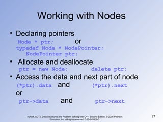 Working with Nodes Declaring pointers   Node * ptr; or typedef Node * NodePointer; NodePointer ptr; Allocate and deallocate   ptr = new Node; delete ptr; Access the data and next part of node (*ptr).data   and  (*ptr).next or   ptr->data    and    ptr->next Nyhoff, ADTs, Data Structures and Problem Solving with C++, Second Edition, © 2005 Pearson Education, Inc. All rights reserved. 0-13-140909-3  