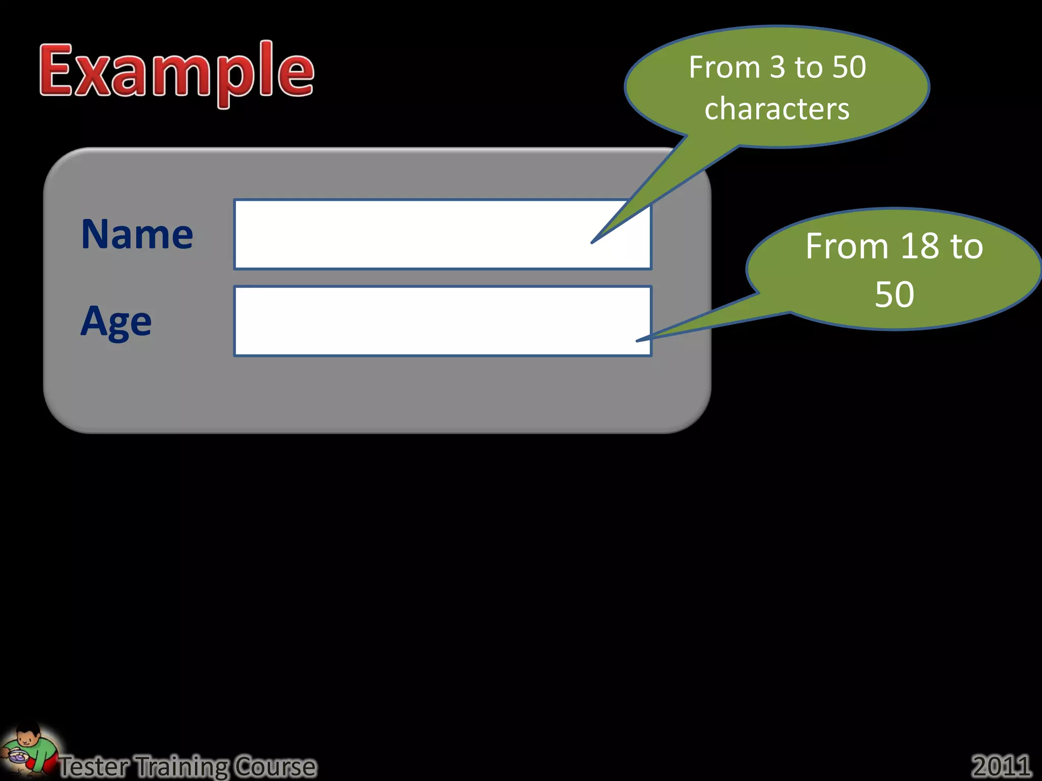 From 3 to 50
                          characters


 Name                           From 18 to
                                    50
 Age




Tester Training Course                   2011
 