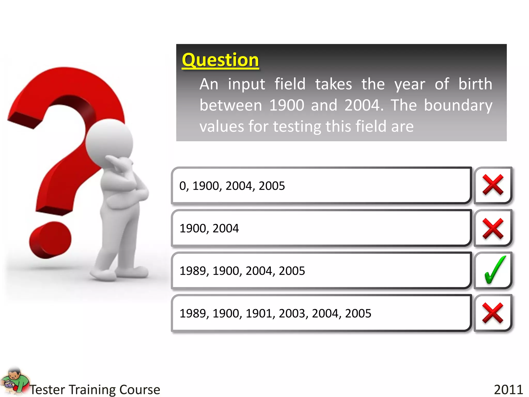 Question
                            An input field takes the year of birth
                            between 1900 and 2004. The boundary
                            values for testing this field are


                         0, 1900, 2004, 2005


                         1900, 2004


                         1989, 1900, 2004, 2005


                         1989, 1900, 1901, 2003, 2004, 2005




Tester Training Course                                               2011
 
