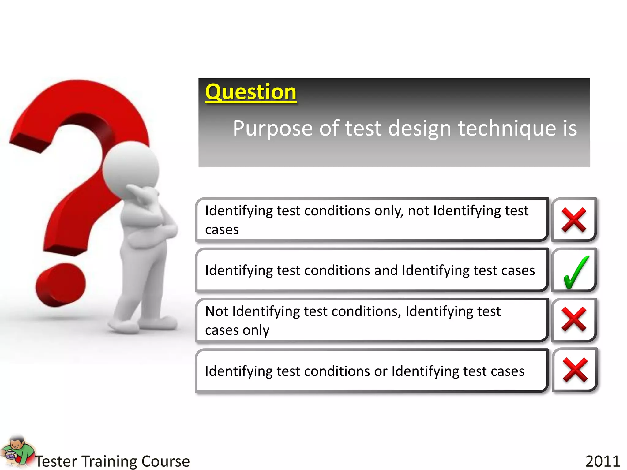 Question
                             Purpose of test design technique is


                         Identifying test conditions only, not Identifying test
                         cases

                         Identifying test conditions and Identifying test cases

                         Not Identifying test conditions, Identifying test
                         cases only

                         Identifying test conditions or Identifying test cases




Tester Training Course                                                            2011
 