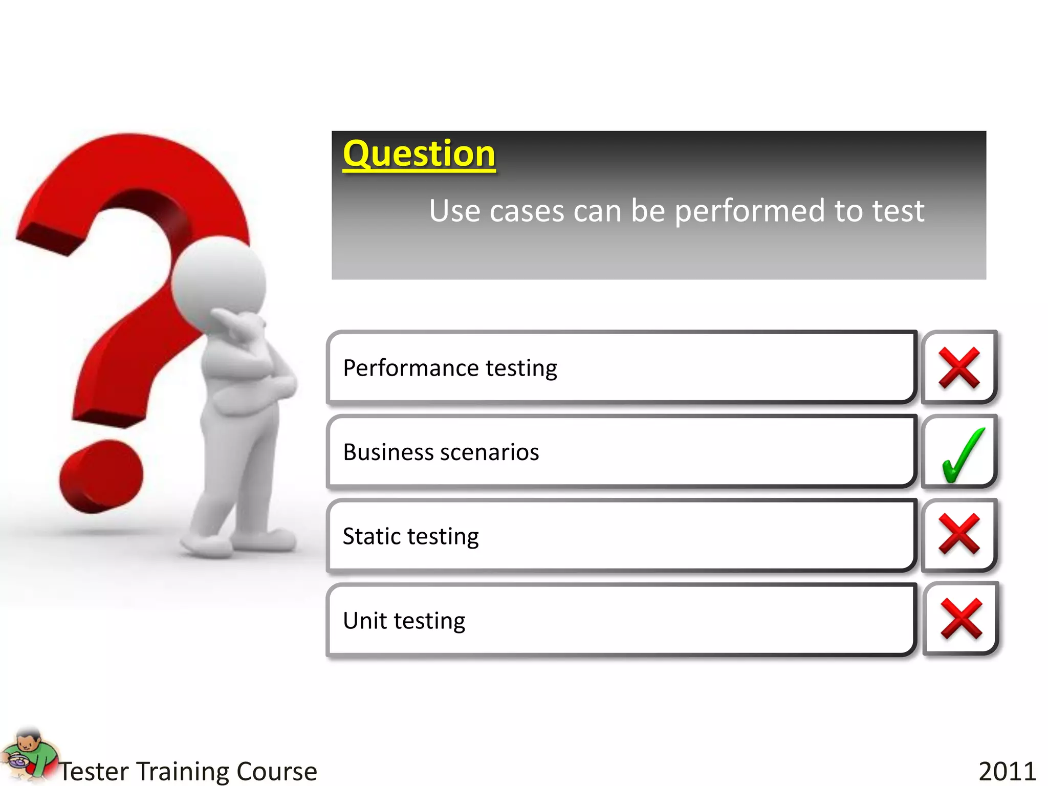Question
                                 Use cases can be performed to test



                         Performance testing


                         Business scenarios


                         Static testing


                         Unit testing




Tester Training Course                                                2011
 