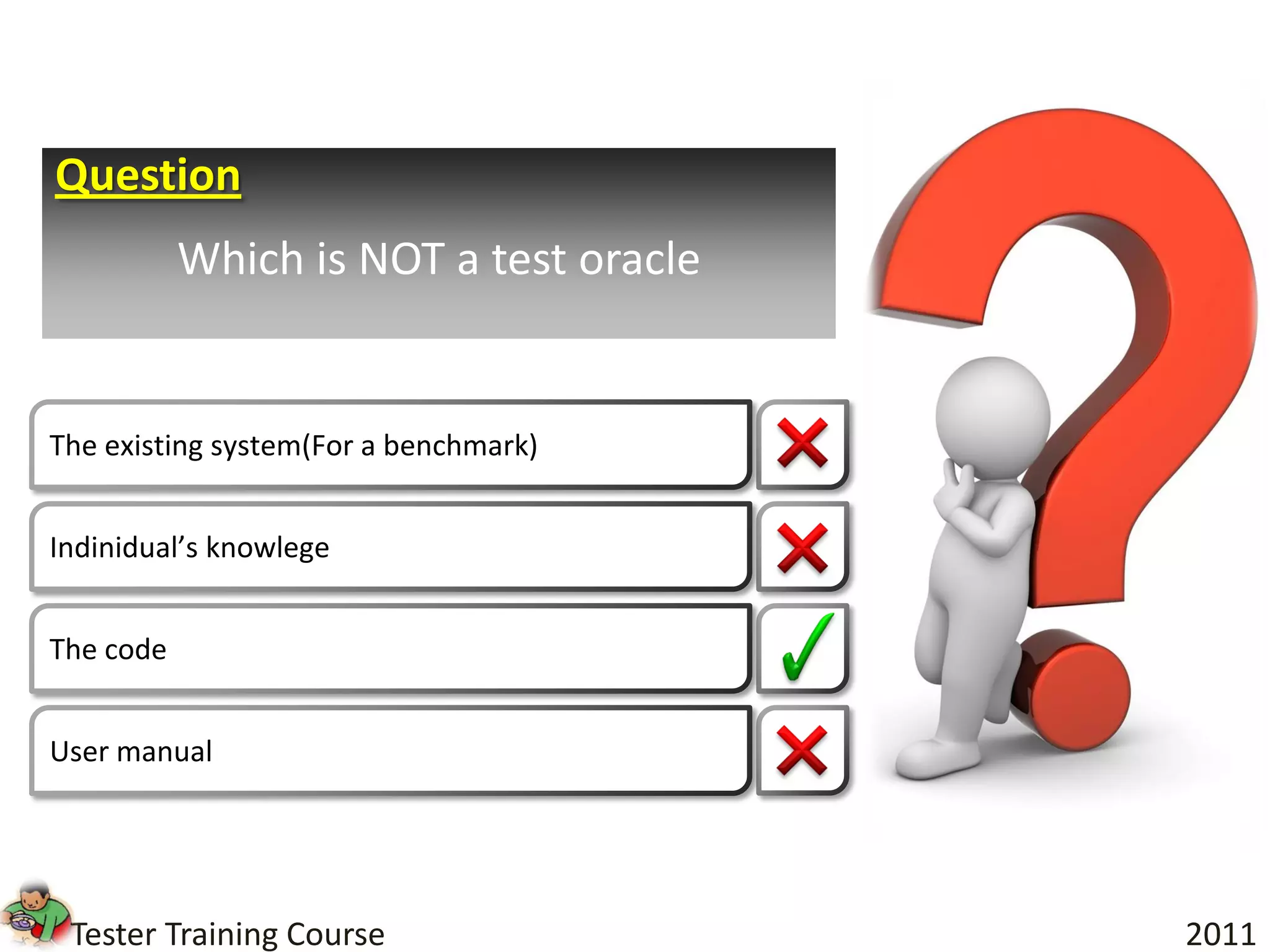 Question
           Which is NOT a test oracle


The existing system(For a benchmark)


Indinidual’s knowlege


The code


User manual




 Tester Training Course                 2011
 