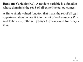1
Random Variable (r.v): A random variable is a function
whose domain is the set S of all experimental outcomes.
A finite single valued function that maps the set of all
experimental outcomes into the set of real numbers R is
said to be a r.v, if the set is an event for every x
in R.
)(⋅X
S
{ })(| xX ≤ξξ
PILLAI
 