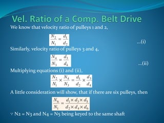 We know that velocity ratio of pulleys 1 and 2,
...(i)
Similarly, velocity ratio of pulleys 3 and 4,
...(ii)
Multiplying equations (i) and (ii),
A little consideration will show, that if there are six pulleys, then
∵ N2 = N3 and N4 = N5 being keyed to the same shaft
 