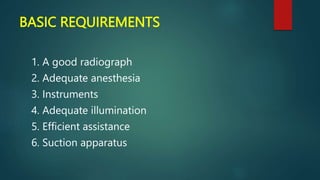 BASIC REQUIREMENTS
1. A good radiograph
2. Adequate anesthesia
3. Instruments
4. Adequate illumination
5. Efficient assistance
6. Suction apparatus
 