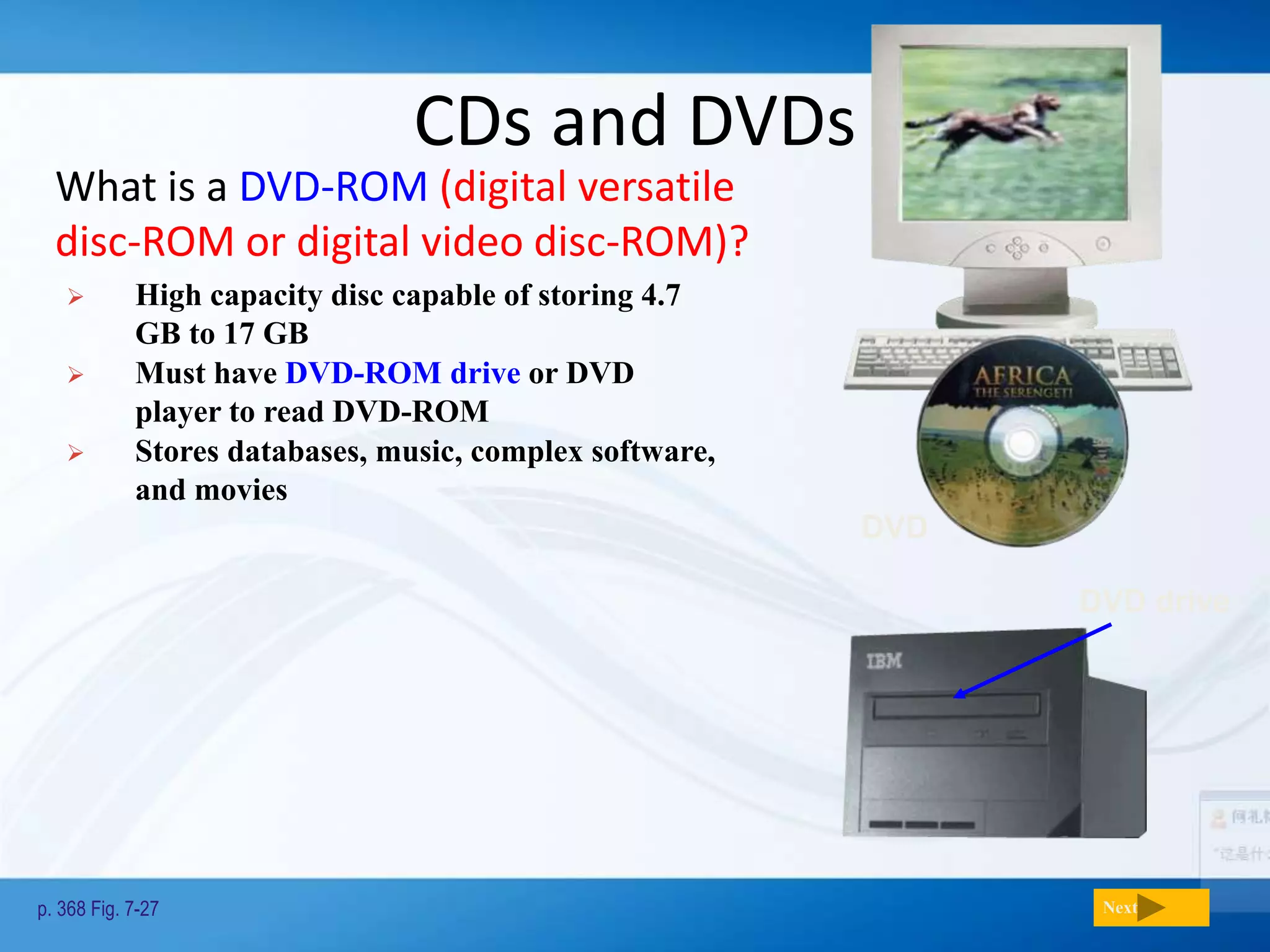 CDs and DVDs
What is a DVD-ROM (digital versatile
disc-ROM or digital video disc-ROM)?
p. 368 Fig. 7-27 Next
DVD
DVD drive
 High capacity disc capable of storing 4.7
GB to 17 GB
 Must have DVD-ROM drive or DVD
player to read DVD-ROM
 Stores databases, music, complex software,
and movies
 