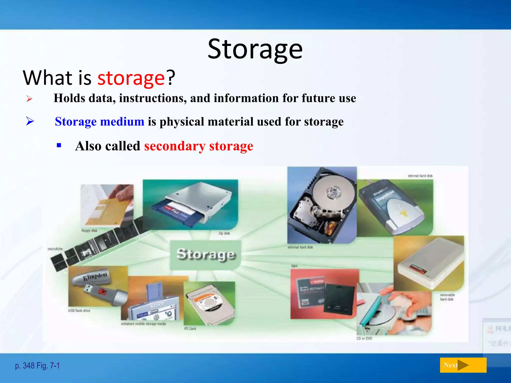 Storage
What is storage?
p. 348 Fig. 7-1 Next
 Holds data, instructions, and information for future use
 Storage medium is physical material used for storage
 Also called secondary storage
 
