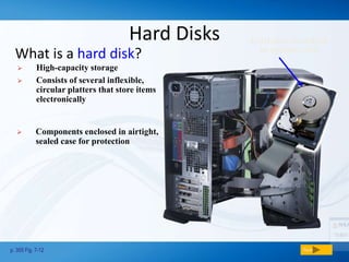 Hard Disks
What is a hard disk?
p. 355 Fig. 7-12 Next
hard disk installed
in system unit
 High-capacity storage
 Consists of several inflexible,
circular platters that store items
electronically
 Components enclosed in airtight,
sealed case for protection
 