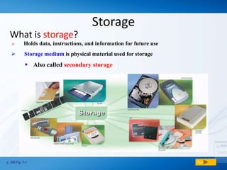 Storage
What is storage?
p. 348 Fig. 7-1 Next
 Holds data, instructions, and information for future use
 Storage medium is physical material used for storage
 Also called secondary storage
 