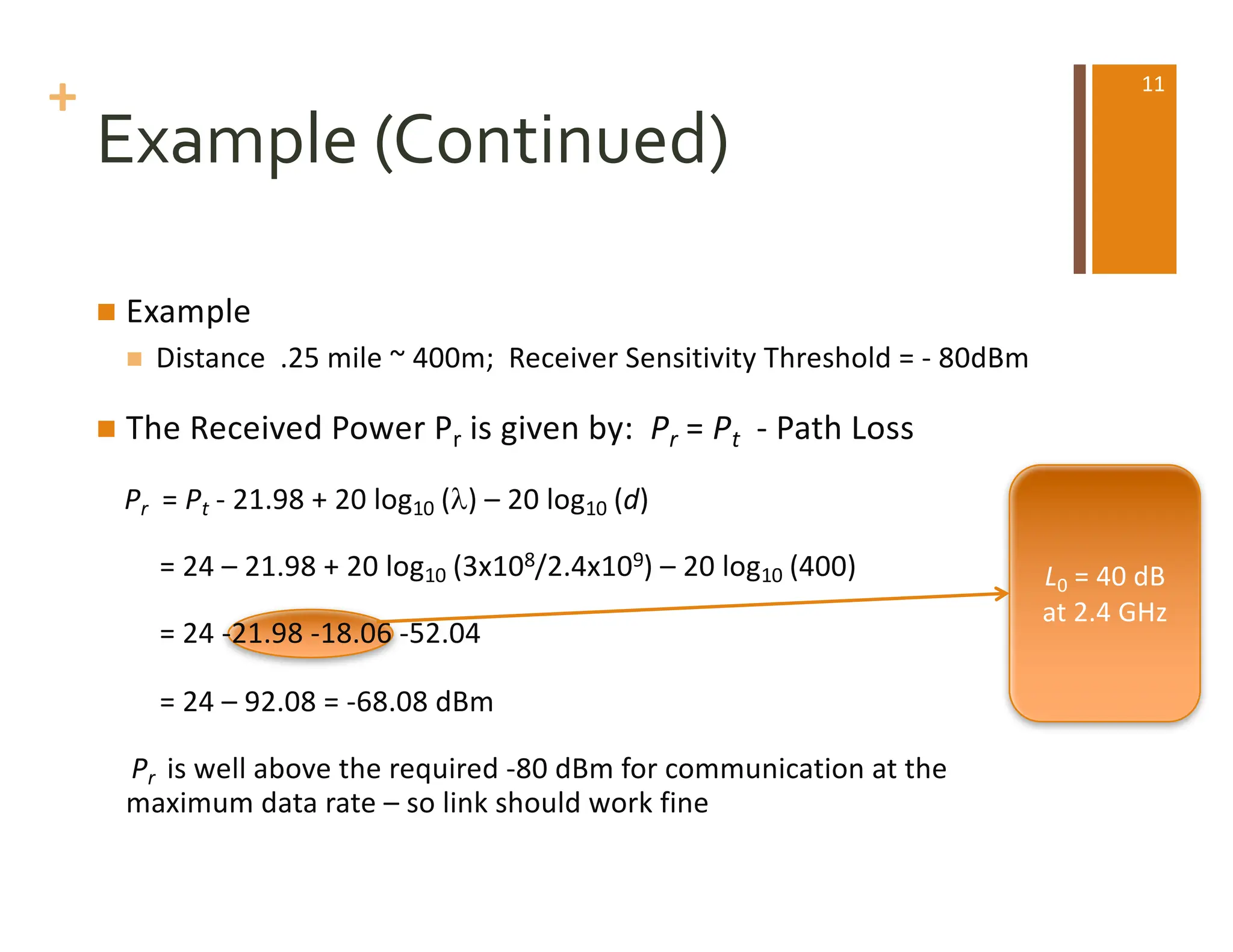 +
Example (Continued)
n Example
n Distance .25 mile ~ 400m; Receiver Sensitivity Threshold = - 80dBm
n The Received Power Pr is given by: Pr = Pt - Path Loss
Pr = Pt - 21.98 + 20 log10 (l) – 20 log10 (d)
= 24 – 21.98 + 20 log10 (3x108/2.4x109) – 20 log10 (400)
= 24 -21.98 -18.06 -52.04
= 24 – 92.08 = -68.08 dBm
Pr is well above the required -80 dBm for communication at the
maximum data rate – so link should work fine
L0 = 40 dB
at 2.4 GHz
11
 