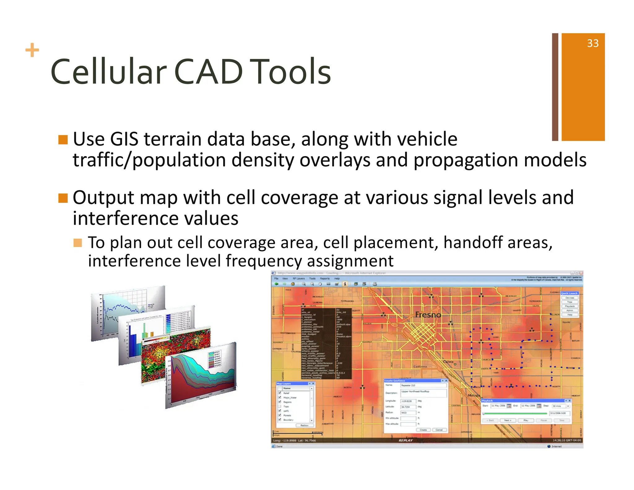 +
Cellular CADTools
n Use GIS terrain data base, along with vehicle
traffic/population density overlays and propagation models
n Output map with cell coverage at various signal levels and
interference values
n To plan out cell coverage area, cell placement, handoff areas,
interference level frequency assignment
33
 
