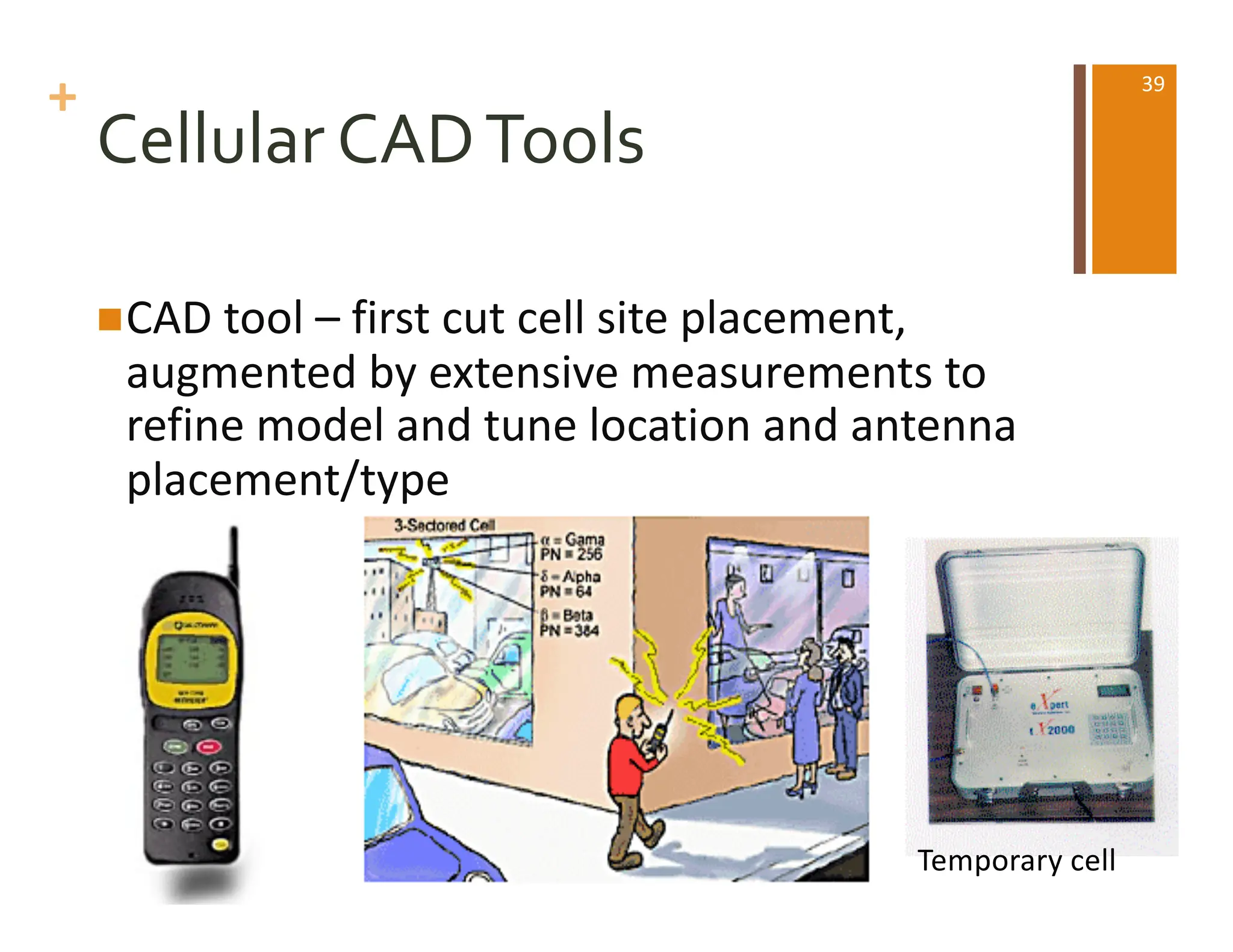 +
Cellular CADTools
nCAD tool – first cut cell site placement,
augmented by extensive measurements to
refine model and tune location and antenna
placement/type
Temporary cell
39
 