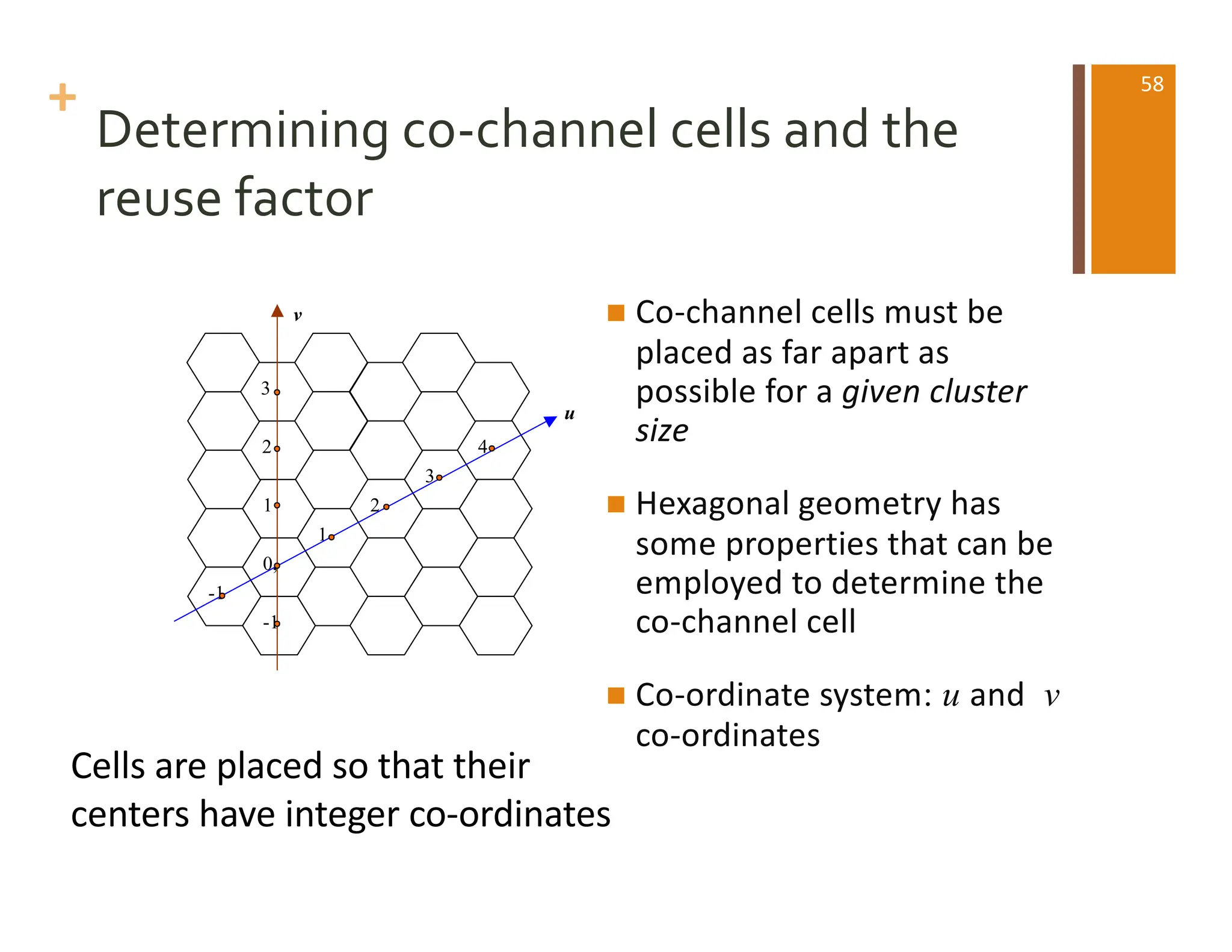 +
Determining co-channel cells and the
reuse factor
-1
-1
0,
1
2
3
1
2
3
4
u
v n Co-channel cells must be
placed as far apart as
possible for a given cluster
size
n Hexagonal geometry has
some properties that can be
employed to determine the
co-channel cell
n Co-ordinate system: u and v
co-ordinates
Cells are placed so that their
centers have integer co-ordinates
58
 