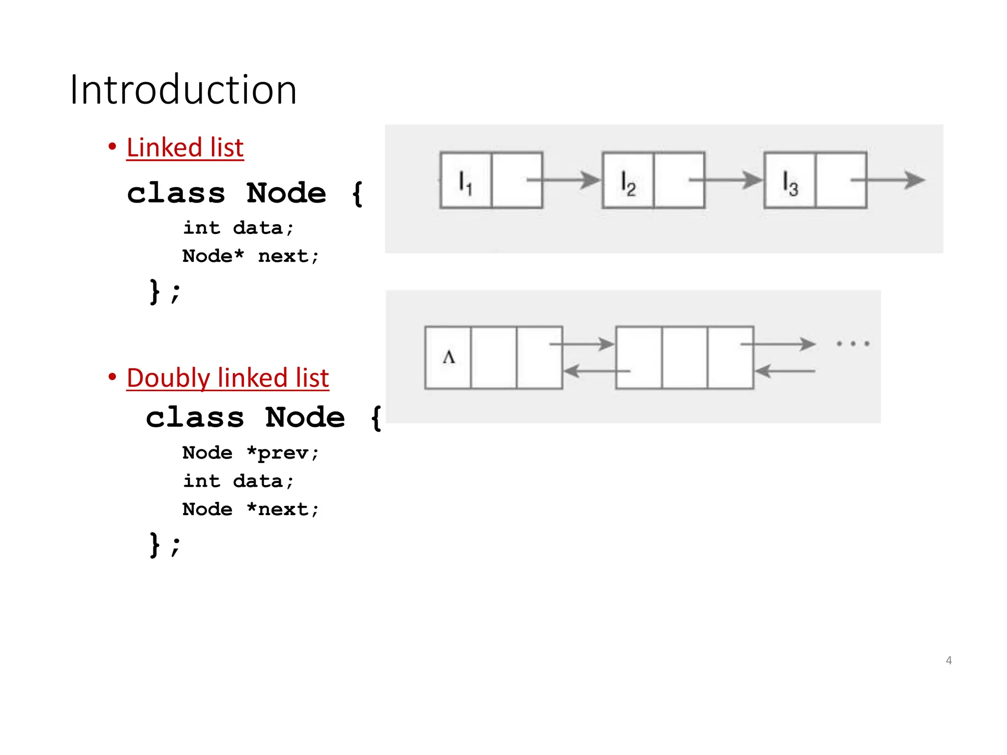 Introduction
• Linked list
class Node {
int data;
Node* next;
};
• Doubly linked list
class Node {
Node *prev;
int data;
Node *next;
};
4
 